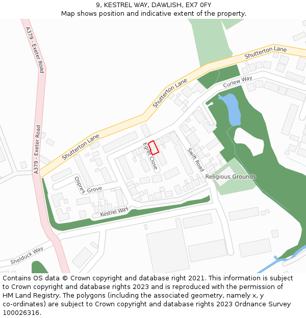 9, KESTREL WAY, DAWLISH, EX7 0FY: Location map and indicative extent of plot