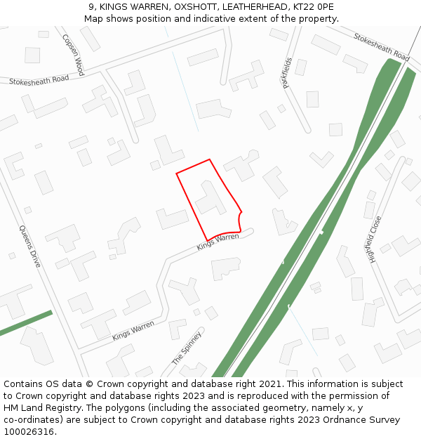 9, KINGS WARREN, OXSHOTT, LEATHERHEAD, KT22 0PE: Location map and indicative extent of plot