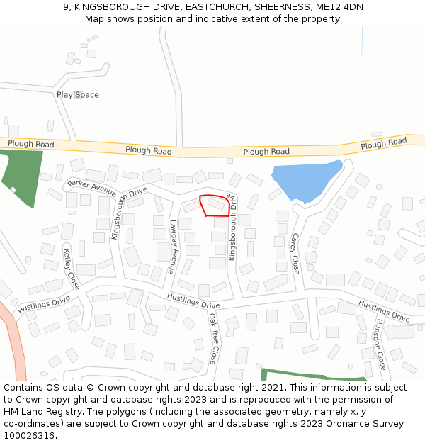 9, KINGSBOROUGH DRIVE, EASTCHURCH, SHEERNESS, ME12 4DN: Location map and indicative extent of plot
