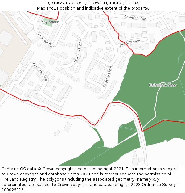 9, KINGSLEY CLOSE, GLOWETH, TRURO, TR1 3XJ: Location map and indicative extent of plot