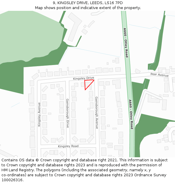9, KINGSLEY DRIVE, LEEDS, LS16 7PD: Location map and indicative extent of plot