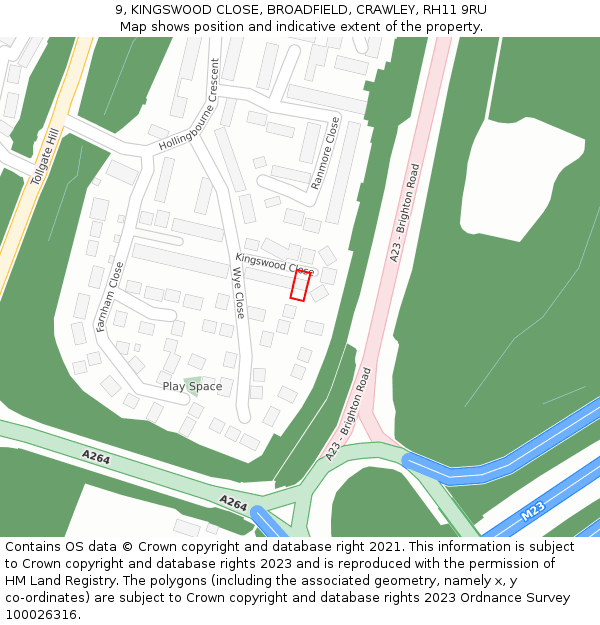 9, KINGSWOOD CLOSE, BROADFIELD, CRAWLEY, RH11 9RU: Location map and indicative extent of plot