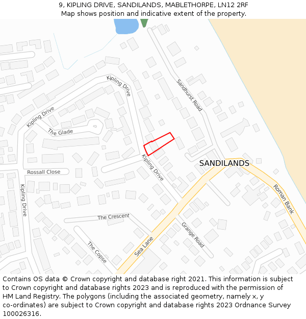 9, KIPLING DRIVE, SANDILANDS, MABLETHORPE, LN12 2RF: Location map and indicative extent of plot
