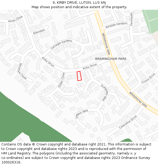 9, KIRBY DRIVE, LUTON, LU3 4AJ: Location map and indicative extent of plot