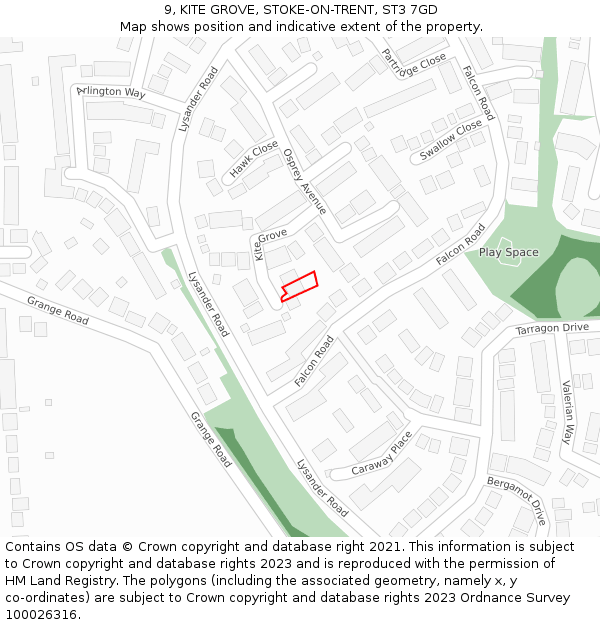9, KITE GROVE, STOKE-ON-TRENT, ST3 7GD: Location map and indicative extent of plot