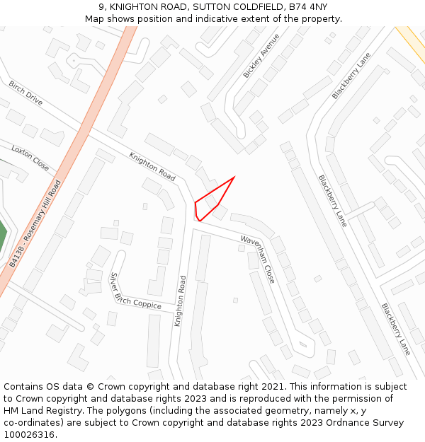9, KNIGHTON ROAD, SUTTON COLDFIELD, B74 4NY: Location map and indicative extent of plot