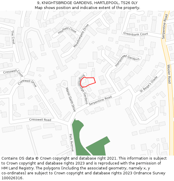 9, KNIGHTSBRIDGE GARDENS, HARTLEPOOL, TS26 0LY: Location map and indicative extent of plot