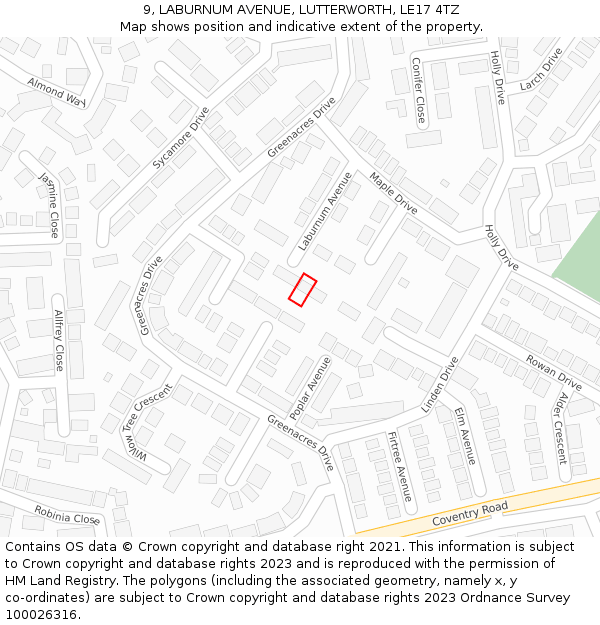 9, LABURNUM AVENUE, LUTTERWORTH, LE17 4TZ: Location map and indicative extent of plot