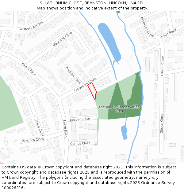 9, LABURNUM CLOSE, BRANSTON, LINCOLN, LN4 1PL: Location map and indicative extent of plot