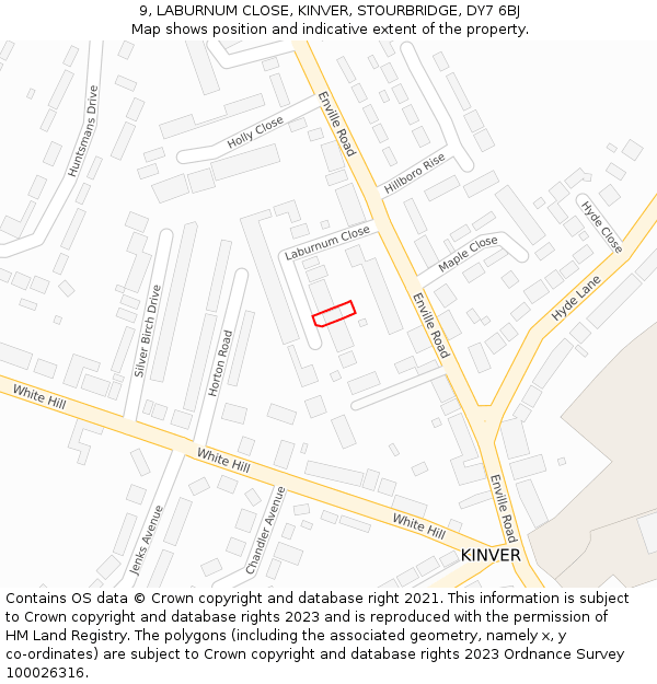 9, LABURNUM CLOSE, KINVER, STOURBRIDGE, DY7 6BJ: Location map and indicative extent of plot