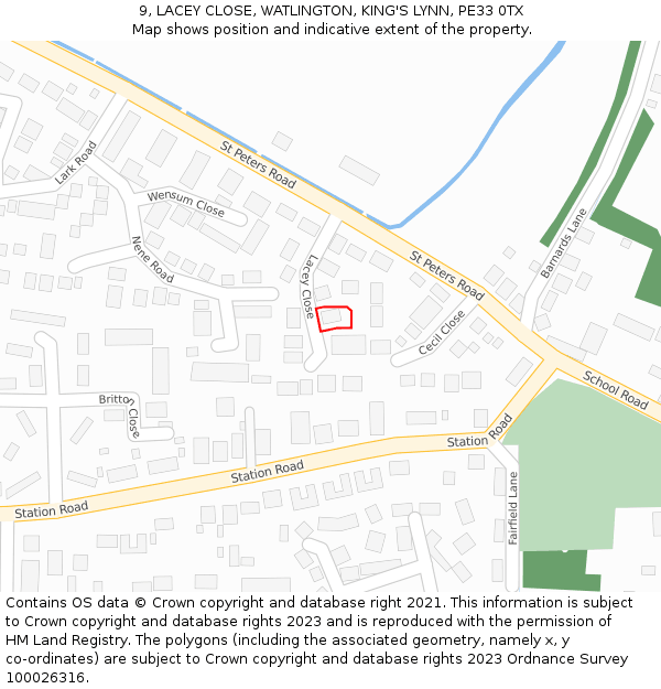 9, LACEY CLOSE, WATLINGTON, KING'S LYNN, PE33 0TX: Location map and indicative extent of plot