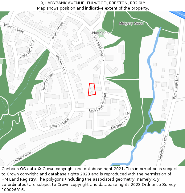 9, LADYBANK AVENUE, FULWOOD, PRESTON, PR2 9LY: Location map and indicative extent of plot