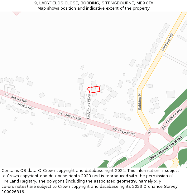 9, LADYFIELDS CLOSE, BOBBING, SITTINGBOURNE, ME9 8TA: Location map and indicative extent of plot