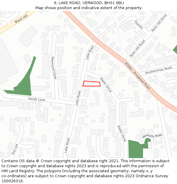 9, LAKE ROAD, VERWOOD, BH31 6BU: Location map and indicative extent of plot