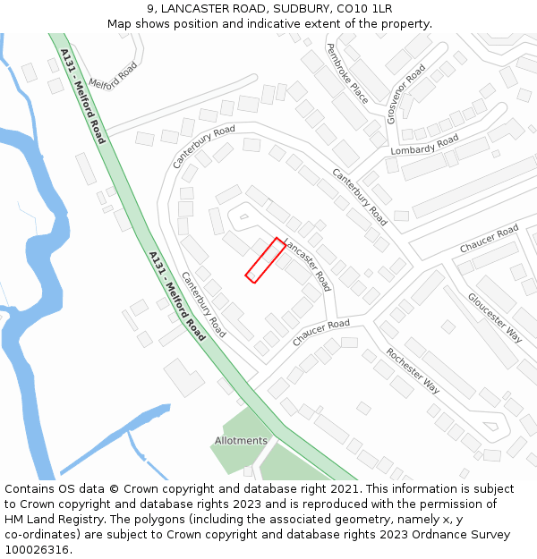 9, LANCASTER ROAD, SUDBURY, CO10 1LR: Location map and indicative extent of plot