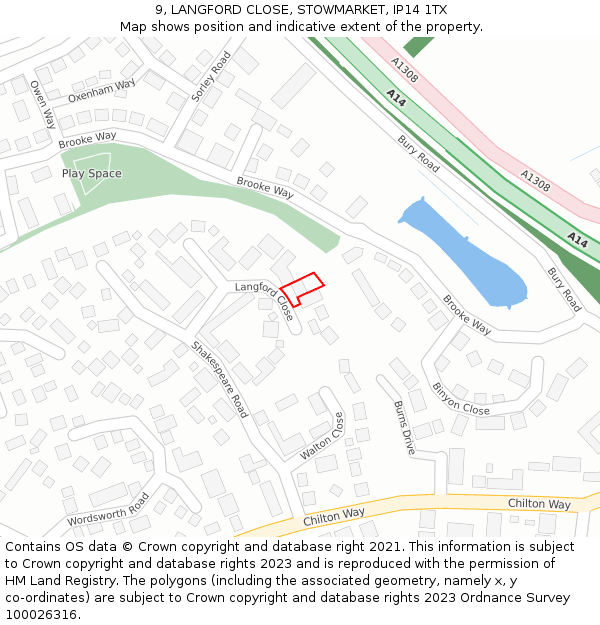 9, LANGFORD CLOSE, STOWMARKET, IP14 1TX: Location map and indicative extent of plot