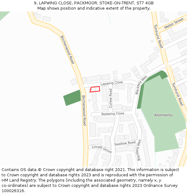 9, LAPWING CLOSE, PACKMOOR, STOKE-ON-TRENT, ST7 4GB: Location map and indicative extent of plot