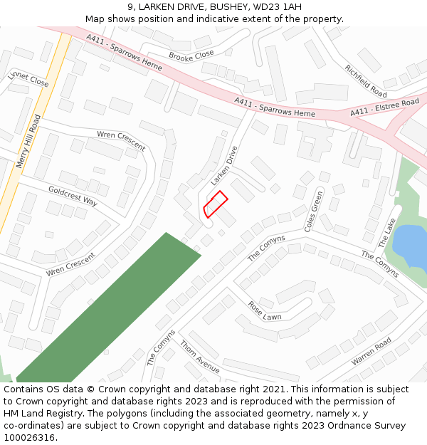 9, LARKEN DRIVE, BUSHEY, WD23 1AH: Location map and indicative extent of plot