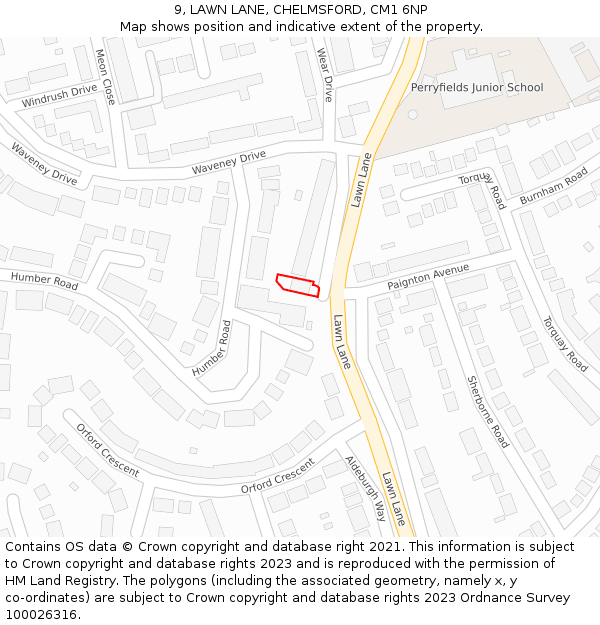 9, LAWN LANE, CHELMSFORD, CM1 6NP: Location map and indicative extent of plot