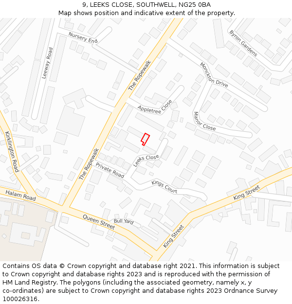 9, LEEKS CLOSE, SOUTHWELL, NG25 0BA: Location map and indicative extent of plot