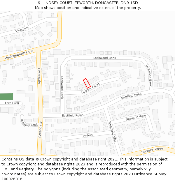9, LINDSEY COURT, EPWORTH, DONCASTER, DN9 1SD: Location map and indicative extent of plot