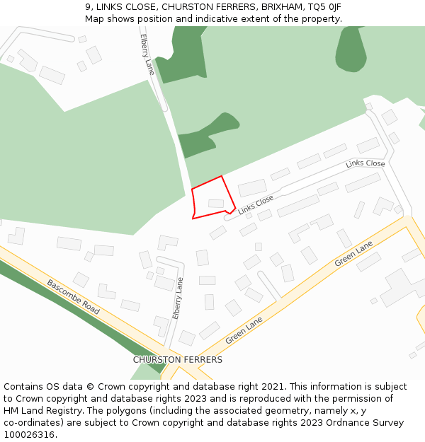 9, LINKS CLOSE, CHURSTON FERRERS, BRIXHAM, TQ5 0JF: Location map and indicative extent of plot