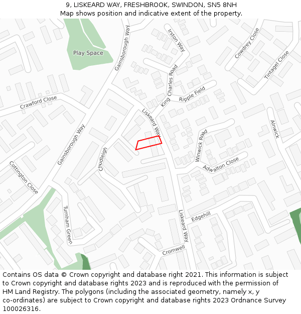 9, LISKEARD WAY, FRESHBROOK, SWINDON, SN5 8NH: Location map and indicative extent of plot