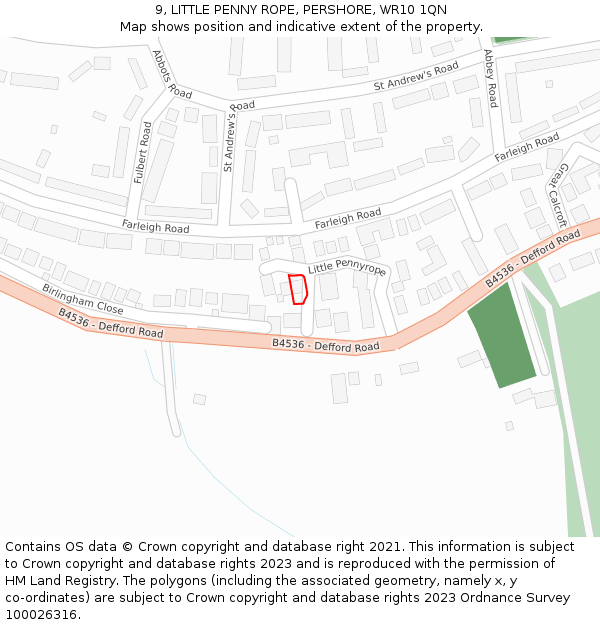9, LITTLE PENNY ROPE, PERSHORE, WR10 1QN: Location map and indicative extent of plot