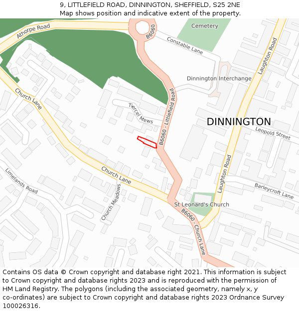 9, LITTLEFIELD ROAD, DINNINGTON, SHEFFIELD, S25 2NE: Location map and indicative extent of plot