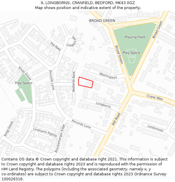 9, LONGBORNS, CRANFIELD, BEDFORD, MK43 0GZ: Location map and indicative extent of plot