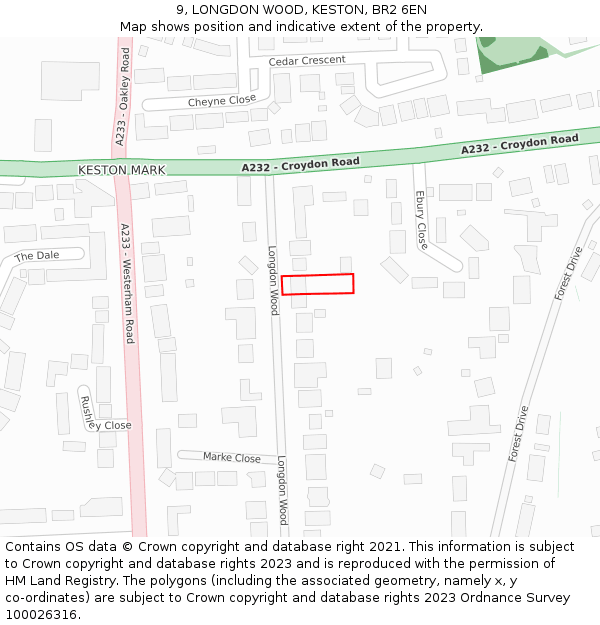 9, LONGDON WOOD, KESTON, BR2 6EN: Location map and indicative extent of plot