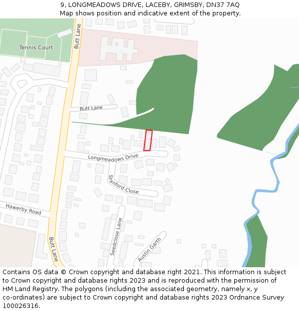 9, LONGMEADOWS DRIVE, LACEBY, GRIMSBY, DN37 7AQ: Location map and indicative extent of plot