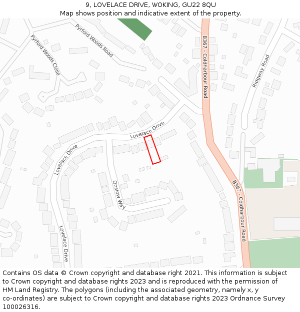 9, LOVELACE DRIVE, WOKING, GU22 8QU: Location map and indicative extent of plot