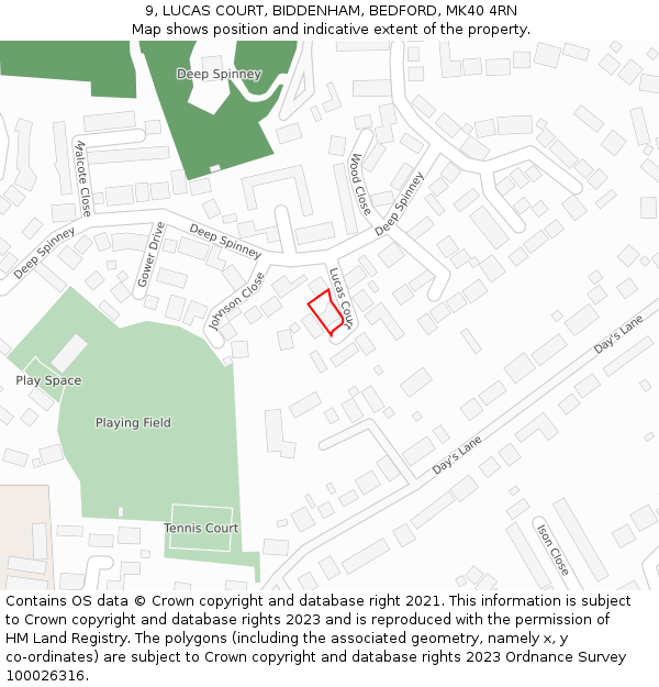 9, LUCAS COURT, BIDDENHAM, BEDFORD, MK40 4RN: Location map and indicative extent of plot