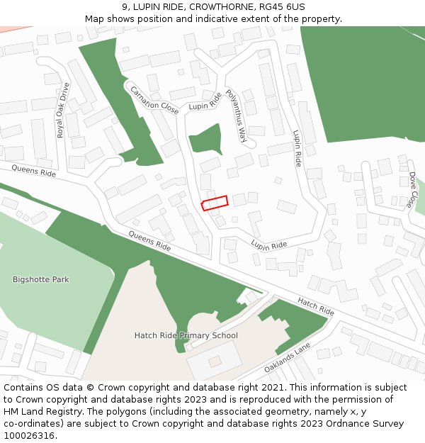 9, LUPIN RIDE, CROWTHORNE, RG45 6US: Location map and indicative extent of plot