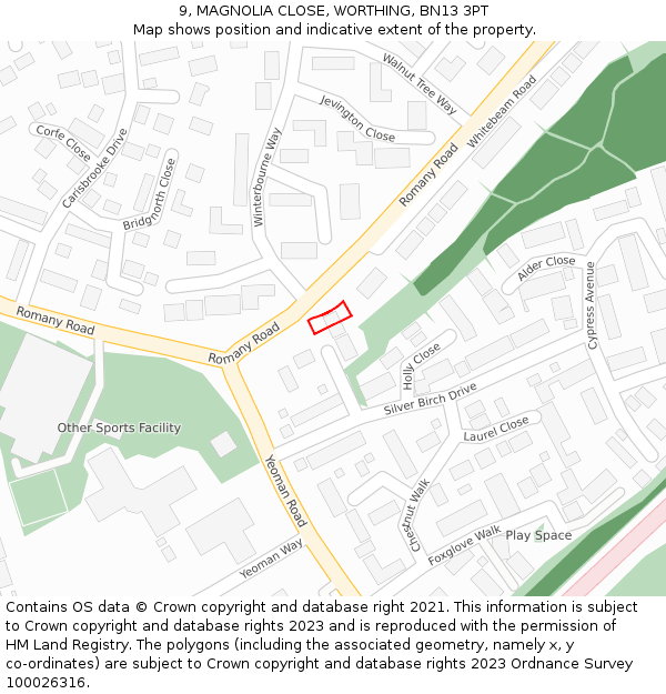 9, MAGNOLIA CLOSE, WORTHING, BN13 3PT: Location map and indicative extent of plot