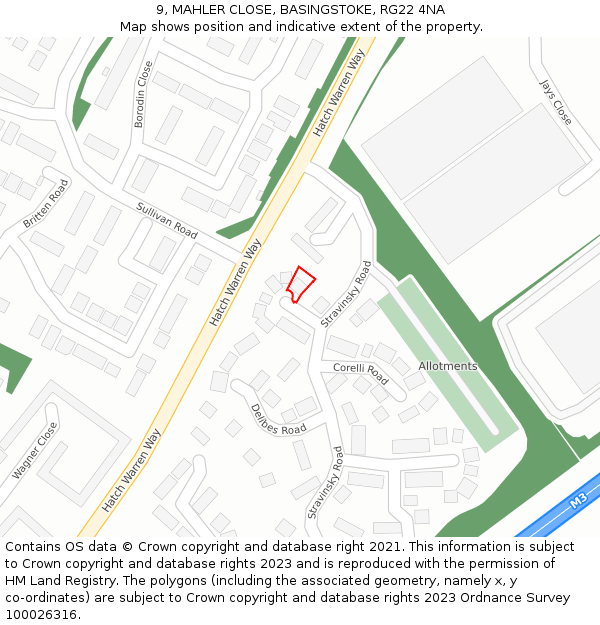 9, MAHLER CLOSE, BASINGSTOKE, RG22 4NA: Location map and indicative extent of plot