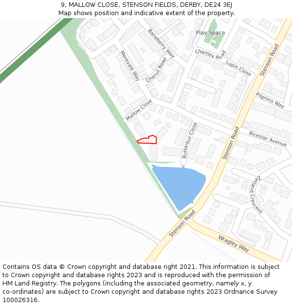 9, MALLOW CLOSE, STENSON FIELDS, DERBY, DE24 3EJ: Location map and indicative extent of plot
