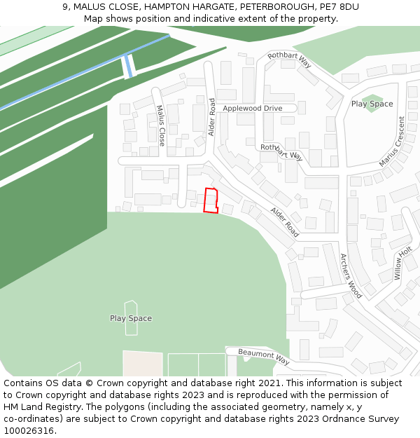 9, MALUS CLOSE, HAMPTON HARGATE, PETERBOROUGH, PE7 8DU: Location map and indicative extent of plot