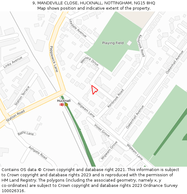 9, MANDEVILLE CLOSE, HUCKNALL, NOTTINGHAM, NG15 8HQ: Location map and indicative extent of plot