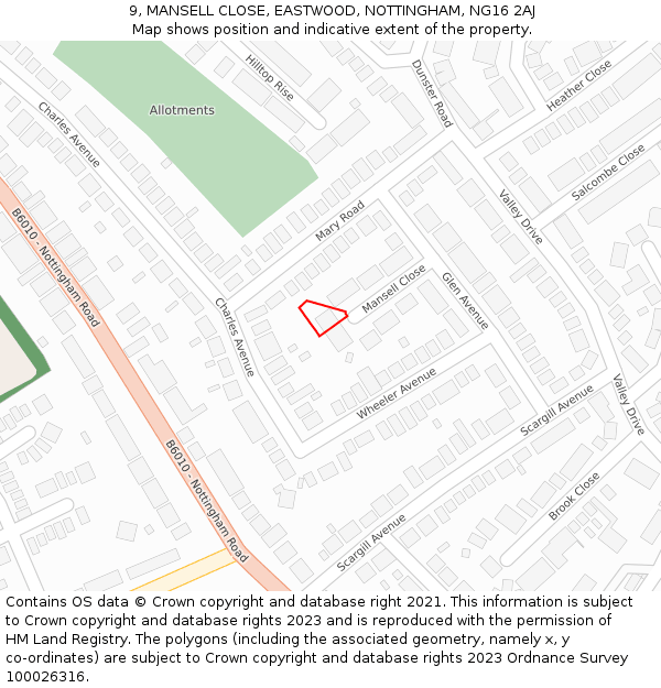 9, MANSELL CLOSE, EASTWOOD, NOTTINGHAM, NG16 2AJ: Location map and indicative extent of plot
