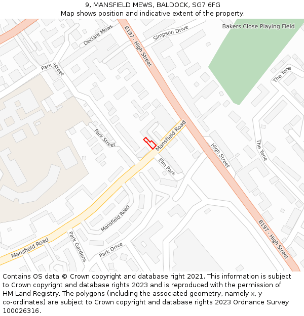 9, MANSFIELD MEWS, BALDOCK, SG7 6FG: Location map and indicative extent of plot