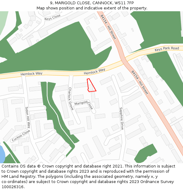 9, MARIGOLD CLOSE, CANNOCK, WS11 7FP: Location map and indicative extent of plot
