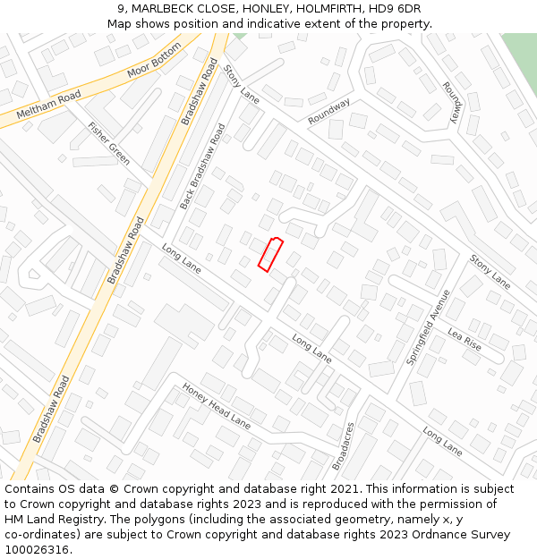 9, MARLBECK CLOSE, HONLEY, HOLMFIRTH, HD9 6DR: Location map and indicative extent of plot