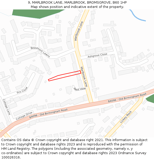 9, MARLBROOK LANE, MARLBROOK, BROMSGROVE, B60 1HP: Location map and indicative extent of plot
