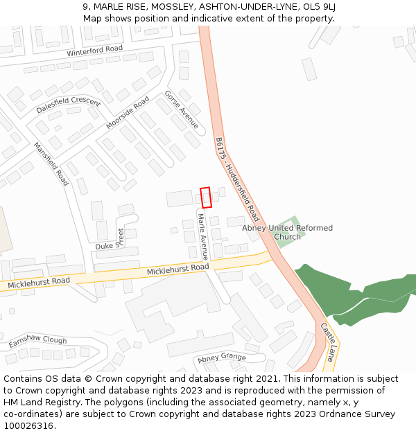 9, MARLE RISE, MOSSLEY, ASHTON-UNDER-LYNE, OL5 9LJ: Location map and indicative extent of plot