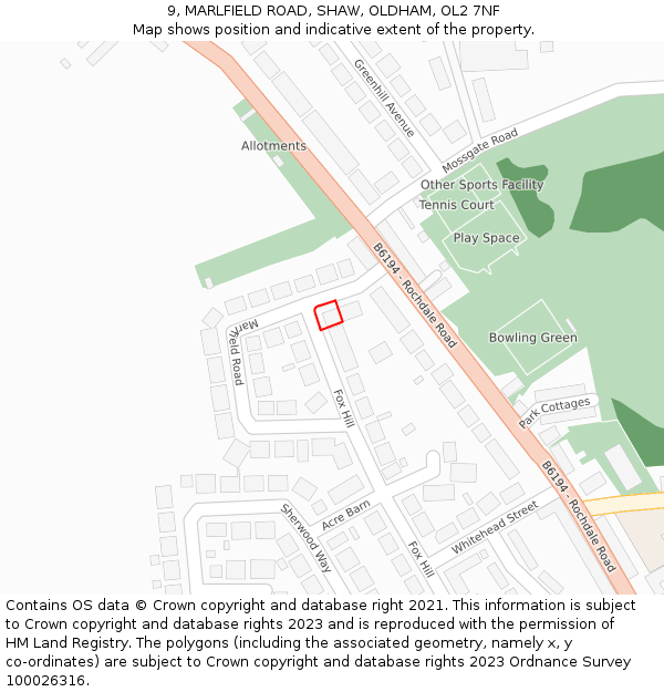 9, MARLFIELD ROAD, SHAW, OLDHAM, OL2 7NF: Location map and indicative extent of plot
