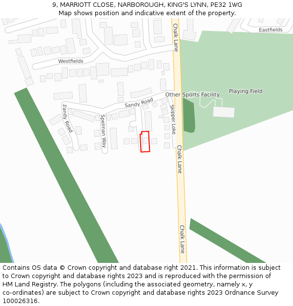 9, MARRIOTT CLOSE, NARBOROUGH, KING'S LYNN, PE32 1WG: Location map and indicative extent of plot