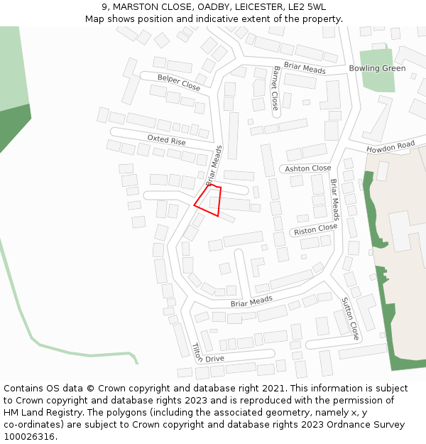 9, MARSTON CLOSE, OADBY, LEICESTER, LE2 5WL: Location map and indicative extent of plot