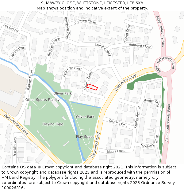 9, MAWBY CLOSE, WHETSTONE, LEICESTER, LE8 6XA: Location map and indicative extent of plot